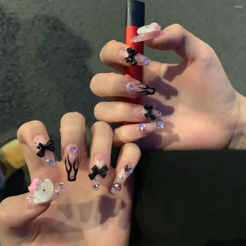 Unhas Postiças 24 Pçs Press On Longa Bailarina Francesa Com Cola Flame Destacável Caixão Acrílico Pontas de Unhas Falsas Ferramenta de Manicure