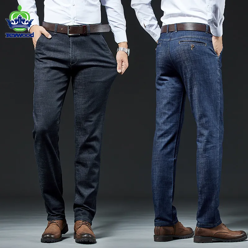 Jeans masculinos Autumn Winter Winter Men Stretch Slim Fit Business Business Casual Office Classic Moda Black Blue Straight Denim Troushers Masculino 230302