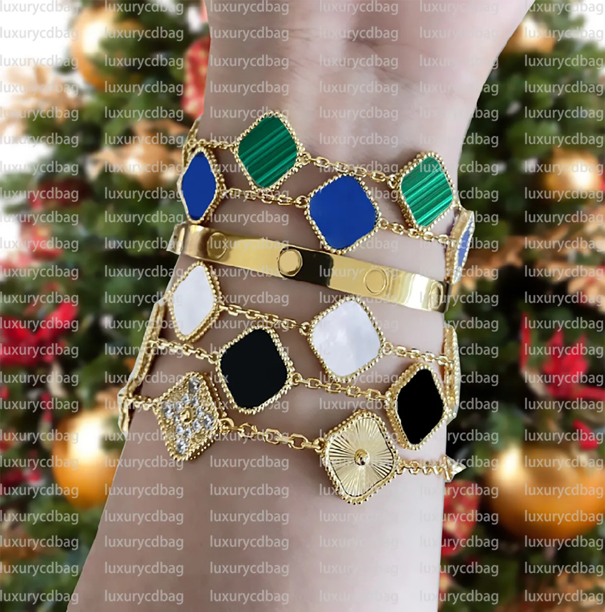 Joyas de diseño clásico Trébol de cuatro hojas Pulseras con dijes Brazalete Cadena Oro de 18 quilates Ágata Concha Madre de perla para mujeres Niña Boda Día de la madre Joyería Regalos para mujeres