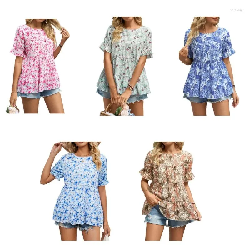 Damskie bluzki kobiety lato kwiatowy nadruk swobodne luźne koszule szyfonowe puff krótkie rękawowe załoga szyi plisowana ruff hemplum topy