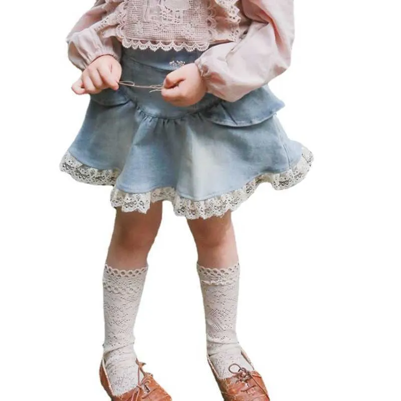 Gonne Nuova bambina Girl jean casual Skirts Ruffle Lace Toddler Batton Skirt Denim Skirt Spring Autumn Baby Autum