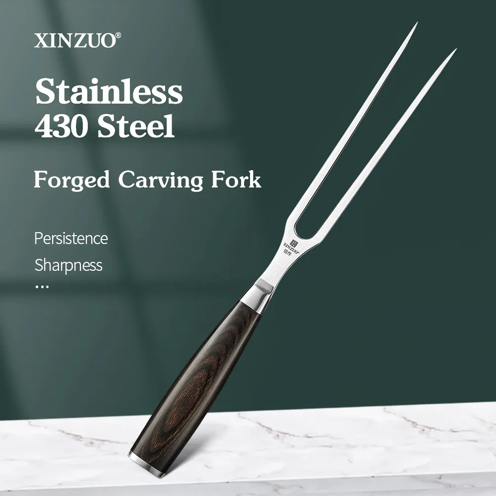 Forks Xinzuo 6 "Stal nierdzewna 430 Stalowanie mięsne Grilling Outdoor BBQ Western Food Tools Japanse Pakka uchwyt 230302