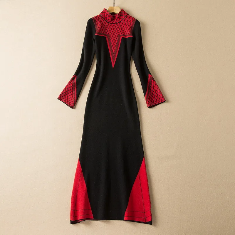 Sprężyny stojak z długim rękawem Czarnoczerwony sukienka kontrast Kolor rozciągnięty Knitte panele długie Maxi Eleganckie sukienki, 21D161124