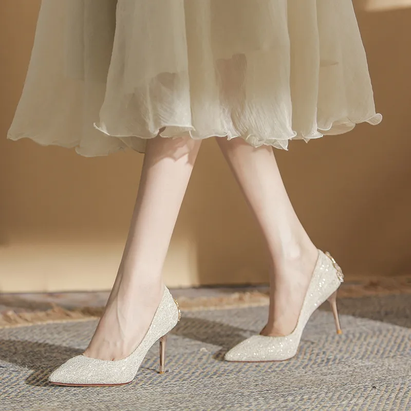 High Heels Rhinestone Wedding Shoes Bride Elegant Woman Heeled Dress Pointed Toe Stiletto Pumps Luxury Womens Loafer