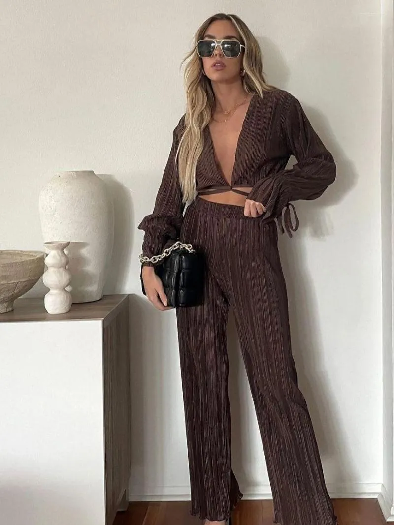 Women's Two Piece Pants Summer Women's Sexy Vintage Pleated Set Deep V-neck Lace Up Crop Top High Waist Wide Leg Suit Woman 2023 Casual