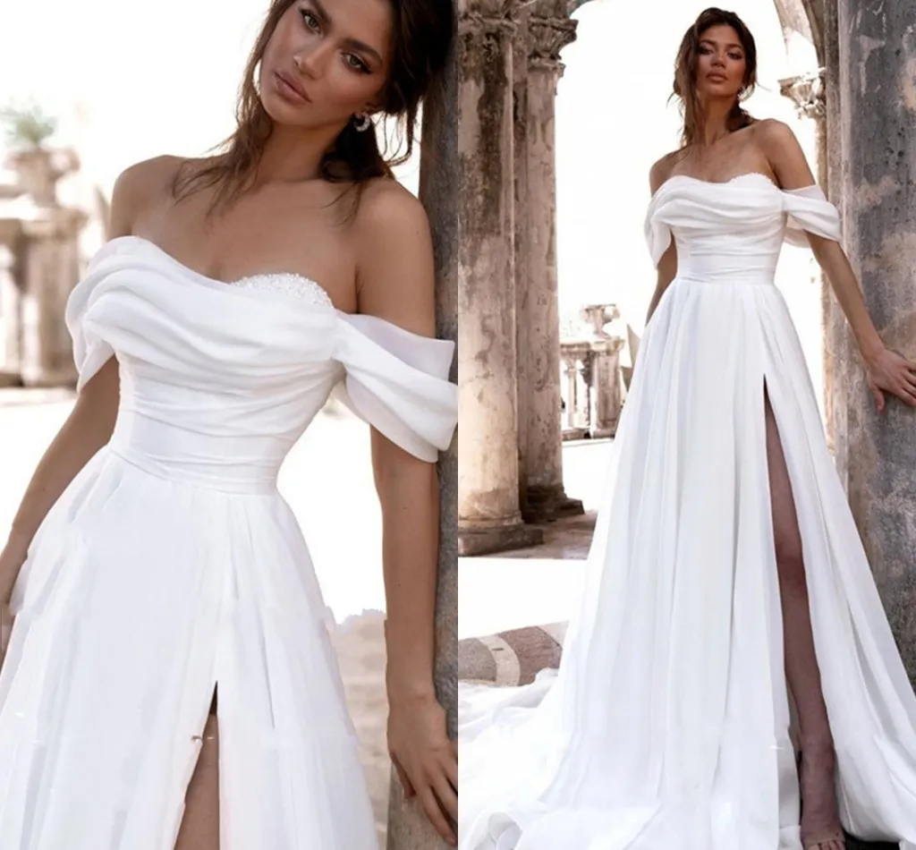 Une Ligne Robe De Mariée En Organza De Soie Pour Les Femmes Robes De Mariée Magnifique De L'épaule Perles Chérie Fente Latérale Femmes Robes De Noiva