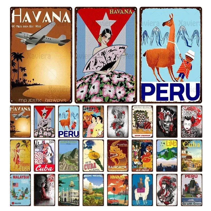 IJzeren Schildermetaal Metaal Japan Peru Cuba City Landschap Tin Sign Poster Vintage Retro metalen plaat Kimono Geisha Wall Art Picture Home Decor Man Cave maat 30x20cm W01