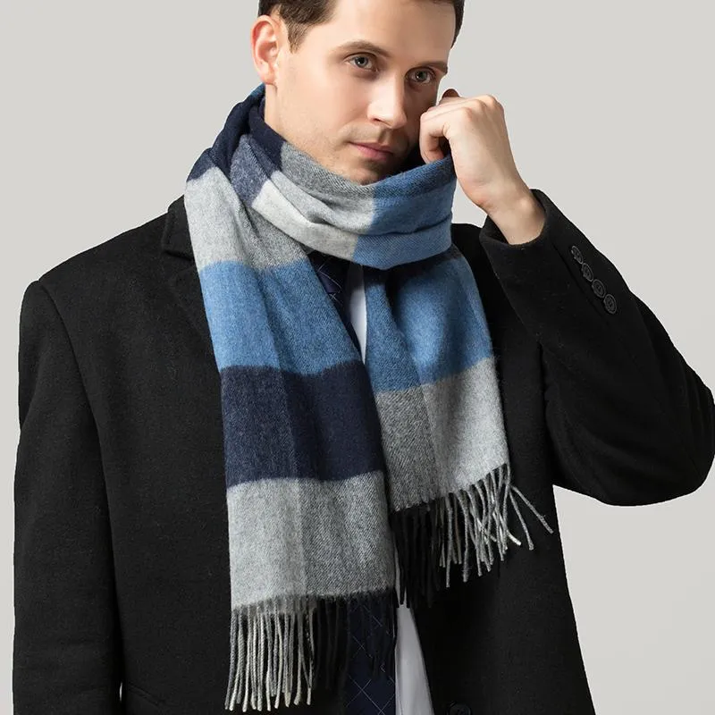 Scarves BISON DENIM Genuine Wool Men Scarf Thicken Warm Winter Windproof High Quality Fashion For Male Striped Lattice