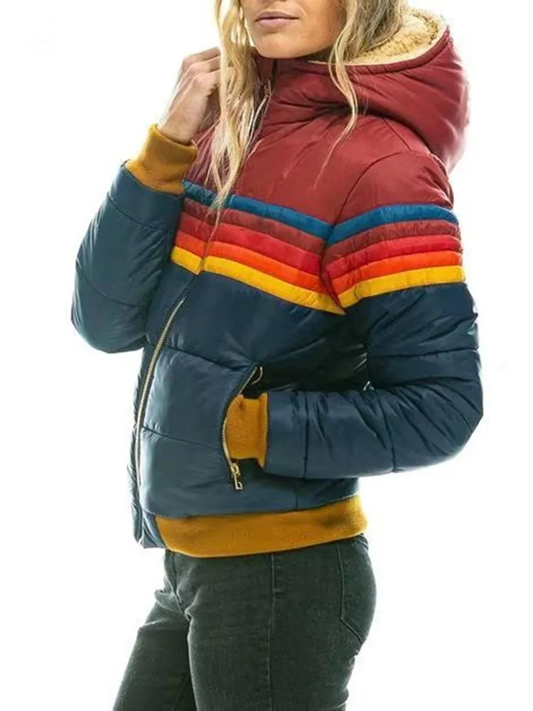 Jacka Kvinnor Jackor 2023 Kvinnor Rainbow Printed Jacket Winter Hooded Cotton vadderade rockar Kvinnliga koreanska lösa puffer Parkas Dams Outwear