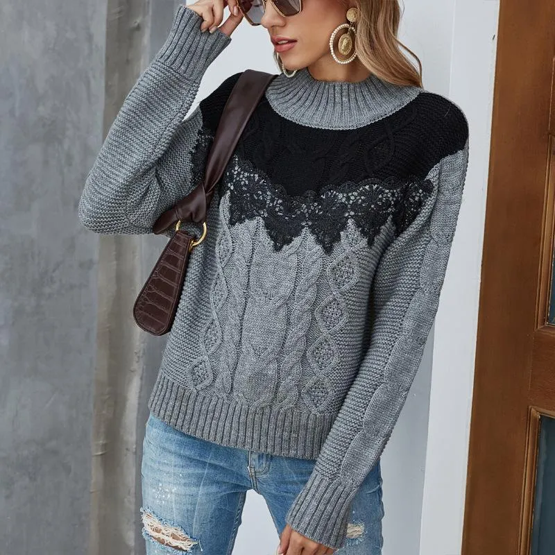 Women's Sweaters Women Lace Sweater Casual Patchwork Turtlenecks Pullovers Contrast Color Cable-Knit Jumpers Tops 2023 Autumn Pull FemmeWome