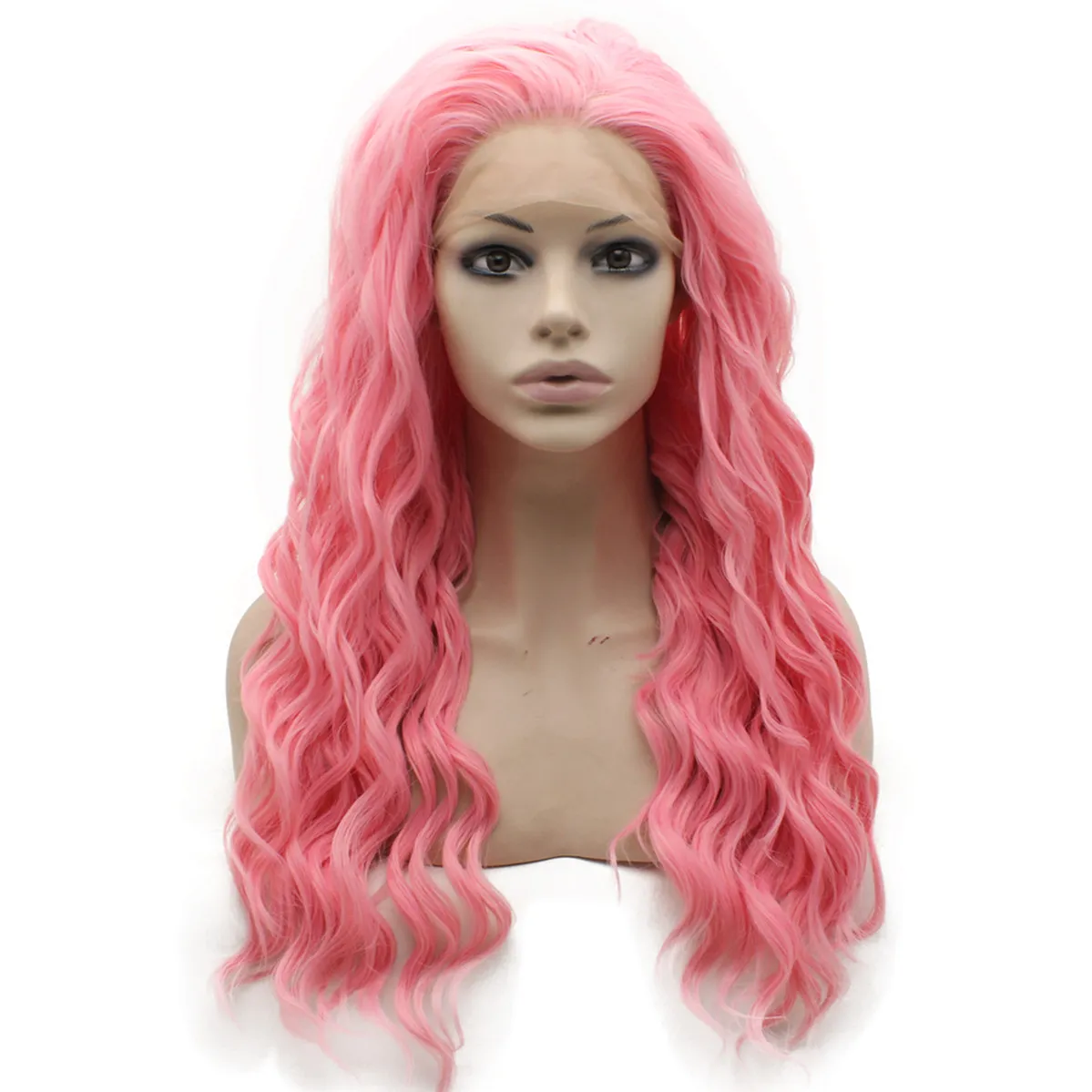 Long Wavy Pink Wig Half Hand Tied Heat Friendly Synthetic Hair Lace Front Wig For Cosplay Party