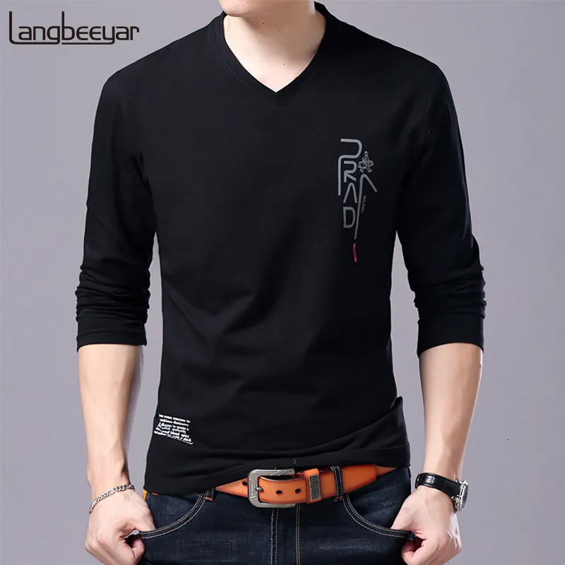 Heren t-shirts modemerk T-shirt voor mannen Koreaans vriendje geschenk trending tops streetwear v nek print lange mouw tee heren kleding 230302