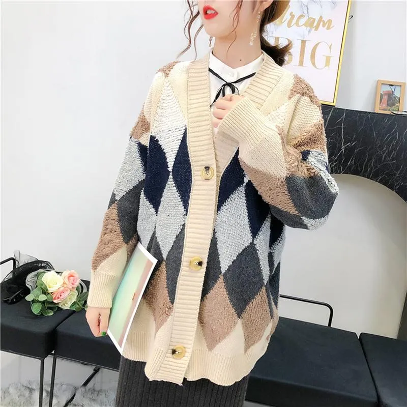 Women's Sweaters Spring Streetwear Women Sweater Vintage Argyle Diamond Cashmere Cardigan Casual Baggy Knitted Blouses Pull Clothes MujerWom