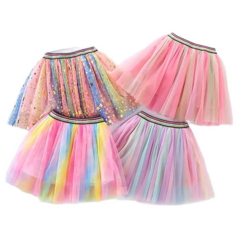 Skirts New Children's Rainbow Skirts School Girl Mesh Tutu Birthday Princess Party Show Dance Skirt Gauze Mid-Waist Ball Gown Faldas T230302