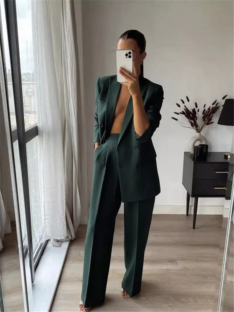 Green Tweed Suit Womens Woman Elegant Dark Green Straight Blazer Suits  Autumn Female Solid Basic Matching Set Ladies Medium Waisted Pants Suit  230302 From Kong01, $21.52