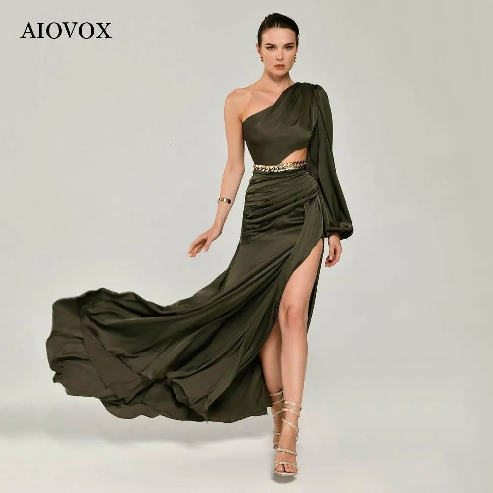 Party Dresses AIOVOX Formal Chiffon Evening Dress With Belt Simple One Shoulder Split Robes De LaceUp Floor Length Vestidos Noche 230301