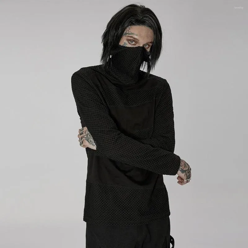 Men's T Shirts PUNKRAVE Men's T-shirt Goth One-piece Masked Long Sleeve High Stand Collar Elastic Knitted Stage Performance Costume