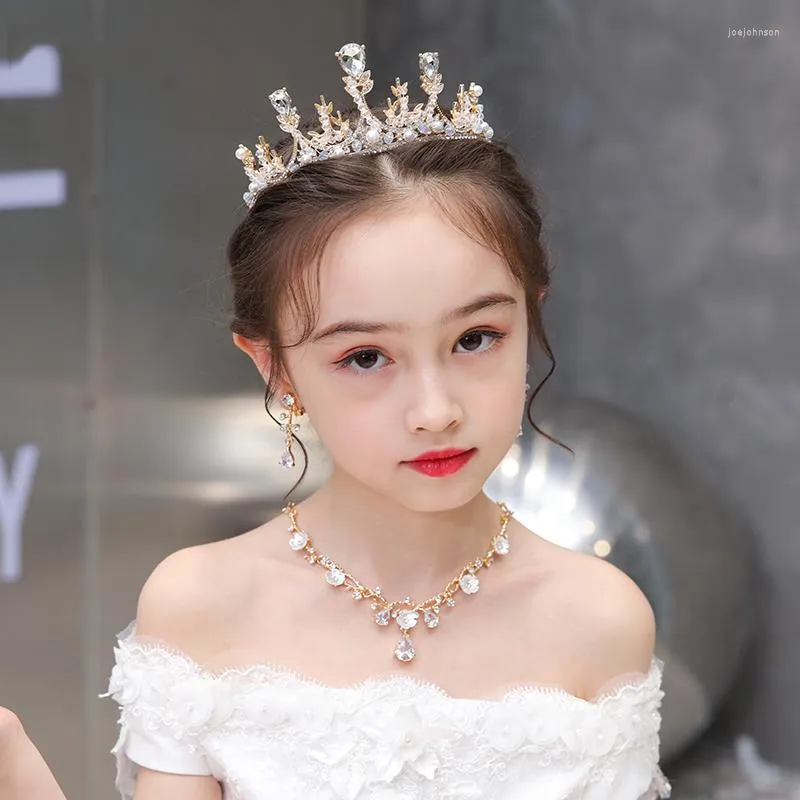 Ketting oorbellen set mode gouden zilveren kleur kinderen tiara's en kronen parel kinderen diadems dames meisjes feest geschenk kristallen haar