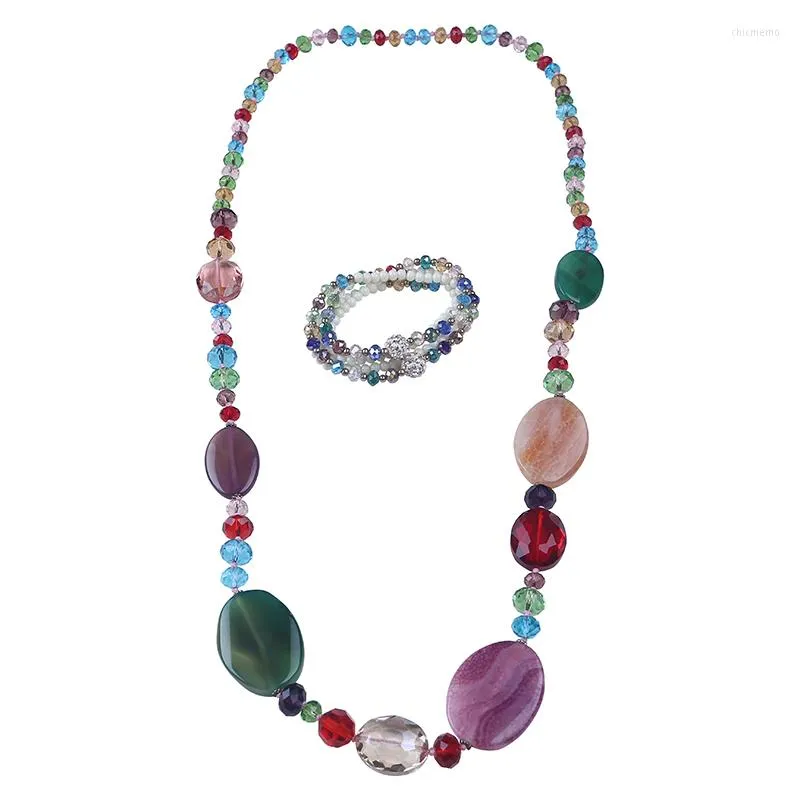Halskette Ohrringe Set Stein Kristall Perlen Bunte Natürliche Handgemachte Party Schmuck Für Frauen Vintage Zubehör Ethnische