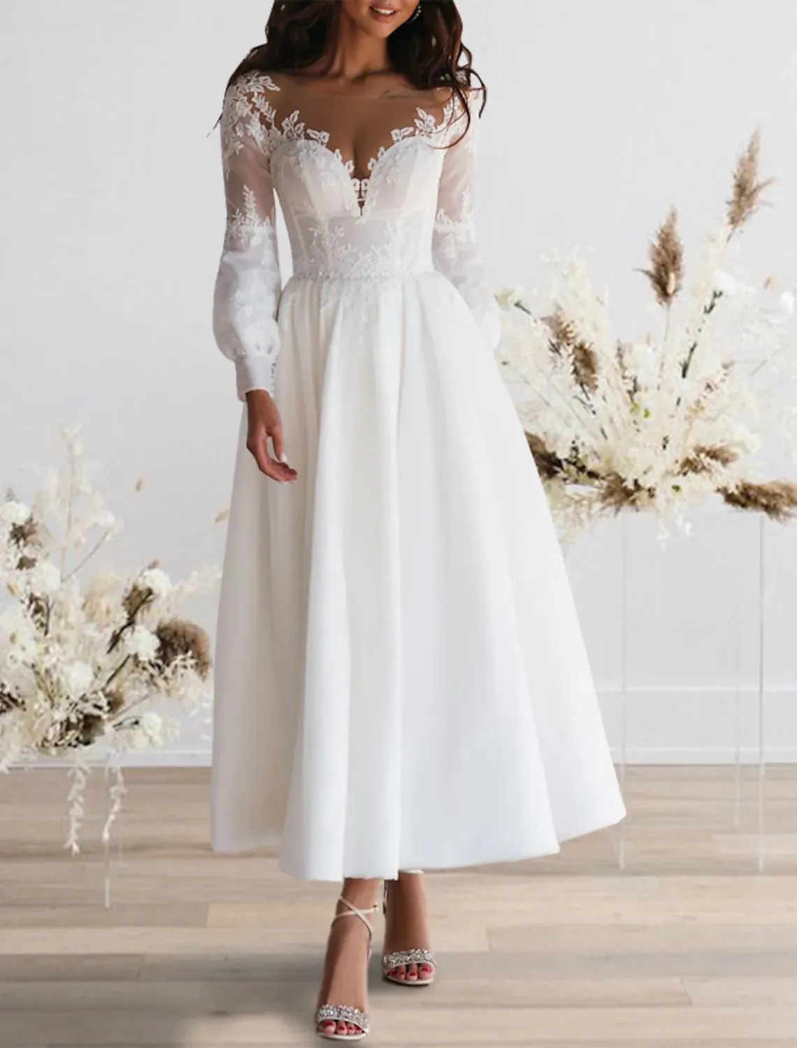 ankle length boho wedding dress Tulle Boho Wedding Dress - Strapless A-Line Lace Bridal Gown with Button Back