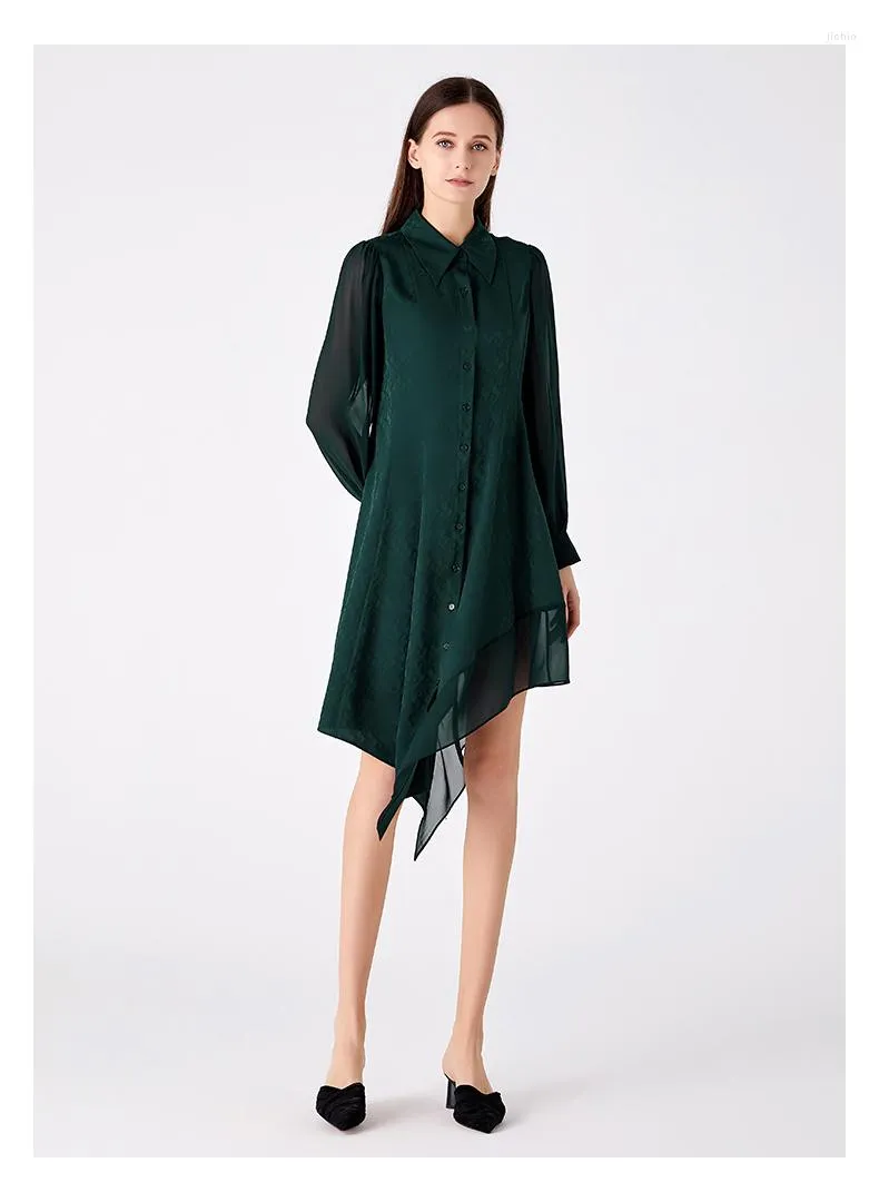 Casual Dresses Silk Jacquard Green POLO Collar Georgette Shirt Long Sleeves Women Single Breasted Office Ladies Dress AE1980