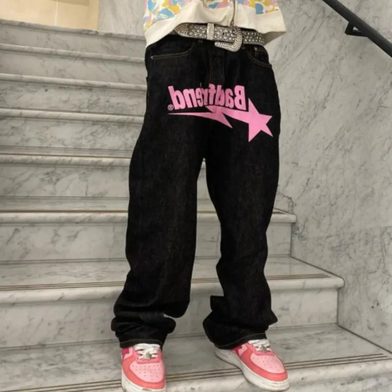 Y2K Printed Jeans - Mens Streetwear, Loose Wide Leg Denim