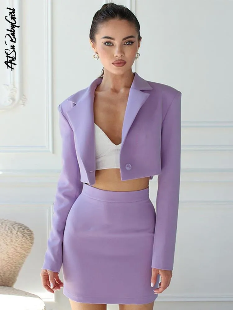 Save Big on Bulk Womens Two Piece Clothing Women's Piece Blazer Suit Set:  Long Sleeve Crop Coat, High Waist Mini Skirt, Fall Streetwear Outfit