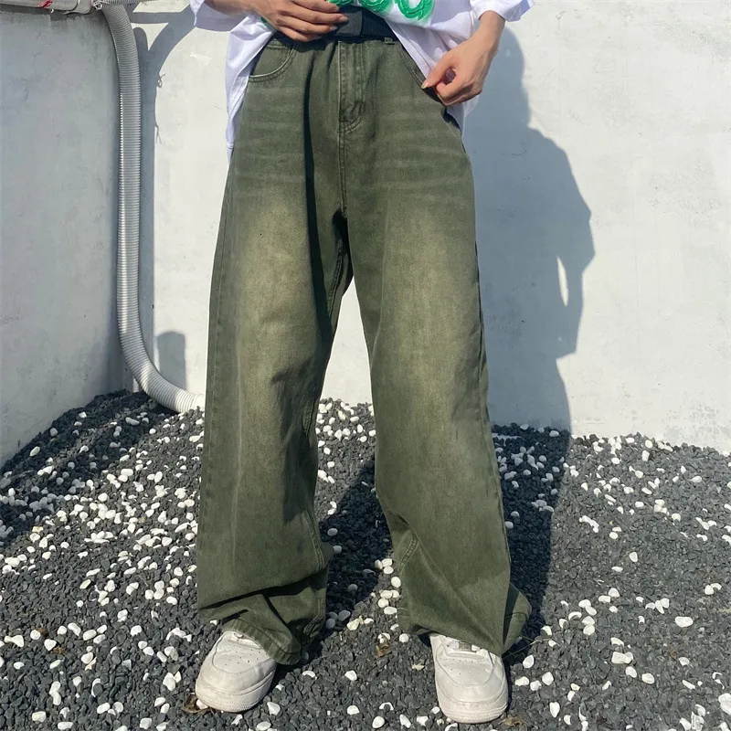 الجينز للرجال Houzhou Green Jeans Baggy Baggy عتيقة سراويل الدنيم الذكور سراويل واسعة الساقين الرجال الشارع الرجعية كبيرة الحجم الهيب هوب 230302