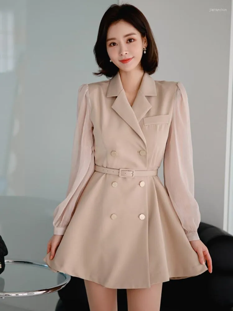 Casual Dresses Formal Dress Elegant Solid Color Puff Sleeve Splicing Belt Slim A-Line Suit 2023 Fall/Winter Office Lady Work