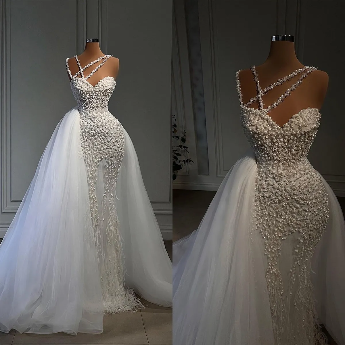 Boncuklar Mermaid Arap Gelinlik Tüy 3D Çiçek Gelinlikleri Vestidos De Novia