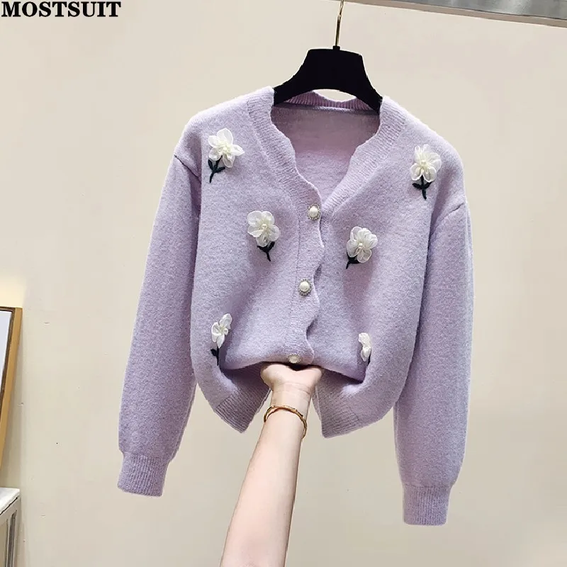 Kvinnors stickor Tees Flower Brodery Stylish Women Sweater Cardigan Korean Elegant Soft Ladies Knitwear Tops Långärm V-Neck Chic Jumpers 230302