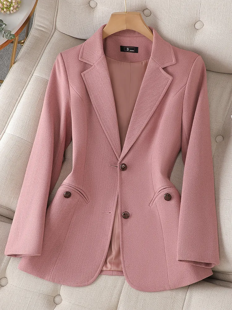 Abiti da donna Blazer Moda Donna Rosa Caffè Grigio Giacca formale da ufficio Donna Manica lunga monopetto Giacca da lavoro da lavoro 230302