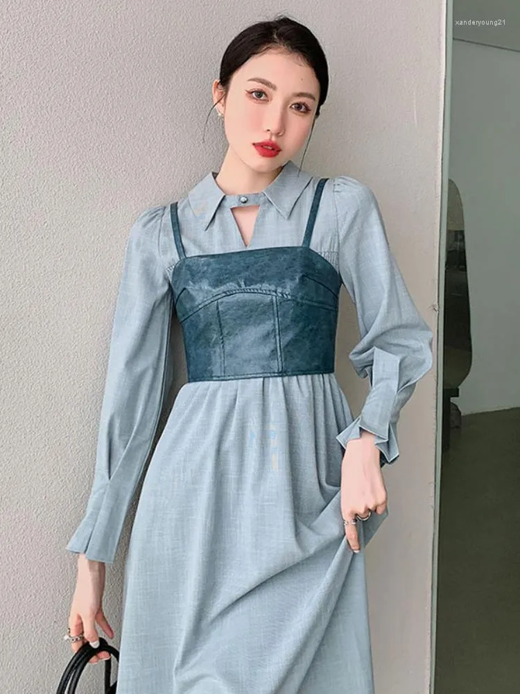 Abiti per feste Zcsmll Blue Vintage Dress Women Wort-Down Collar maniche lunghe Frump Fring Summer Fashi