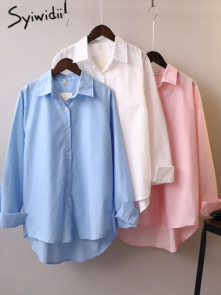 Syiwidii chemises boutonnées femmes coton chemisiers à manches longues coréen bureau dame chemisier été automne basique blanc bleu rose hauts 230302