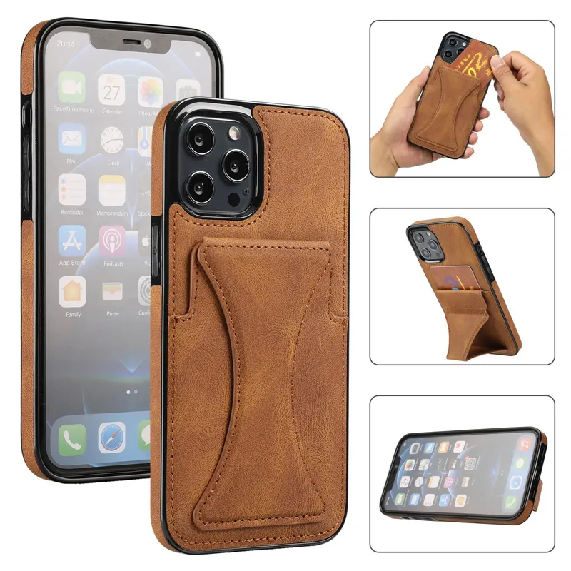 PU Lederen Wallet Card Slot Holder Back Case voor iPhone 14 13 11 12 Mini Pro Card Pocket Holster Bracket XR Anti-Fall Phone Protective Cover