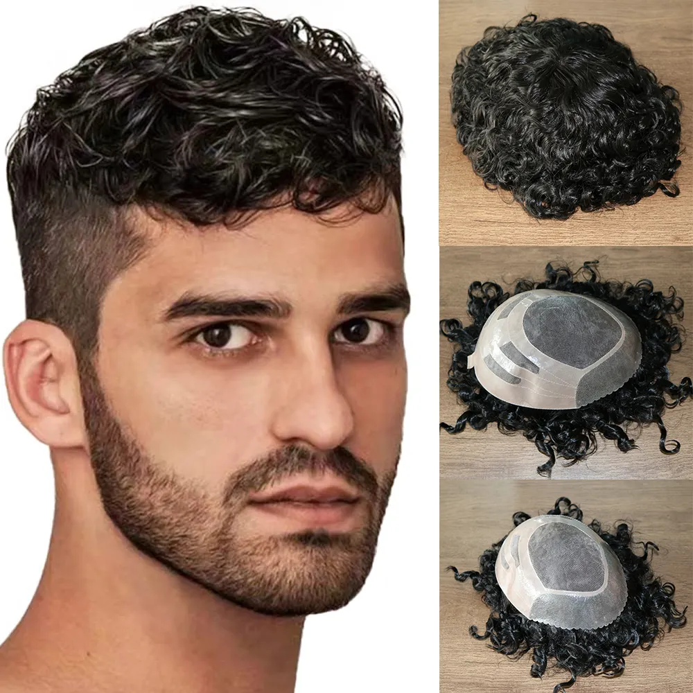 Toupet de cheveux pour hommes, haut en dentelle Mono avec PU Durable autour des systèmes de remplacement de cheveux humains vierges européens bouclés, postiche pour hommes