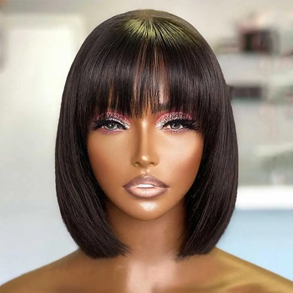Synthetic Wigs Short Straight Hair Bob Wigs Brazilian Human with Bangs Remy Full Machine Made for Women Non Lace Glueless 230227