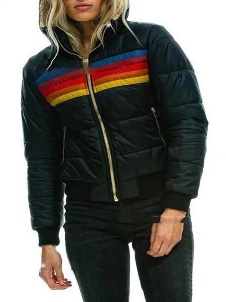 여성 재킷 여자 재킷 2023 여자 겨울 얇은 후드가있는 재킷면 스트라이프 무지개 인쇄 파카 플러스 사이 코트