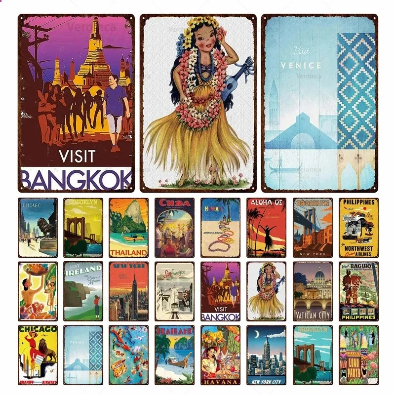 City Landmark Metal Tin Sign Poster Travel Bangkok Venice Thailand Landscape Plate Tin Sign Plaque Poster For Travel Agency Home Decor personalized Size 30X20CM w01