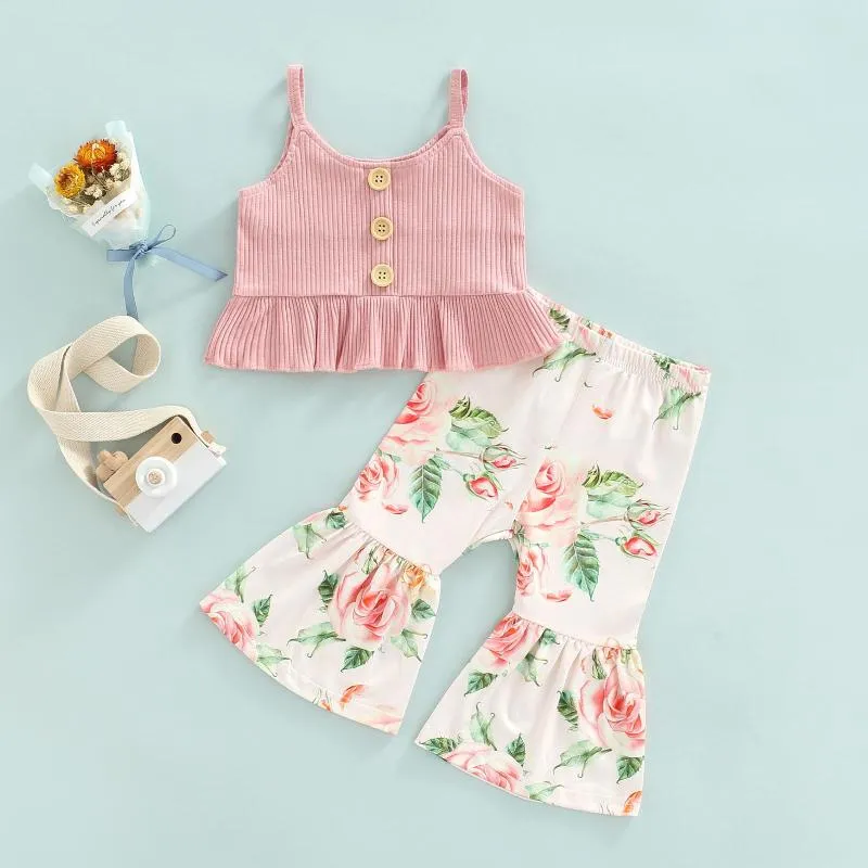 Ensembles de vêtements CitgeeSummer Toddler Enfants Filles Tenues Couleur unie Tricoté Hauts sans manches côtelés Imprimé floral Pantalon évasé Ensemble de vêtements