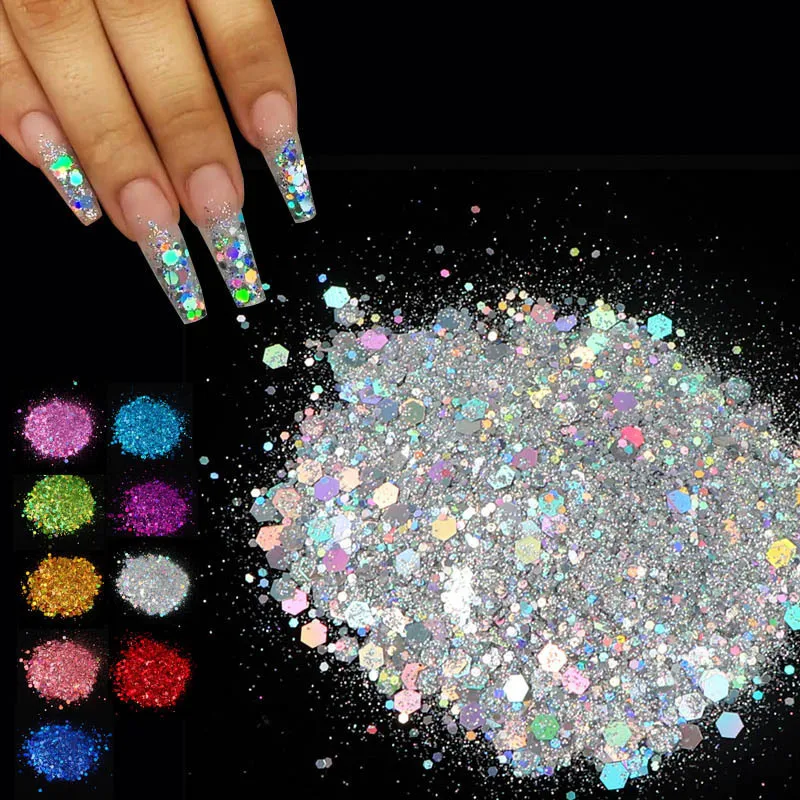 Nail Glitter 50G/Sac Hexagone Mixte Taille Laser Manucure Glitter Pour Ongles Faux Paillettes À La Main DIY Rempli Nail Art Décoration Accesorios 230302