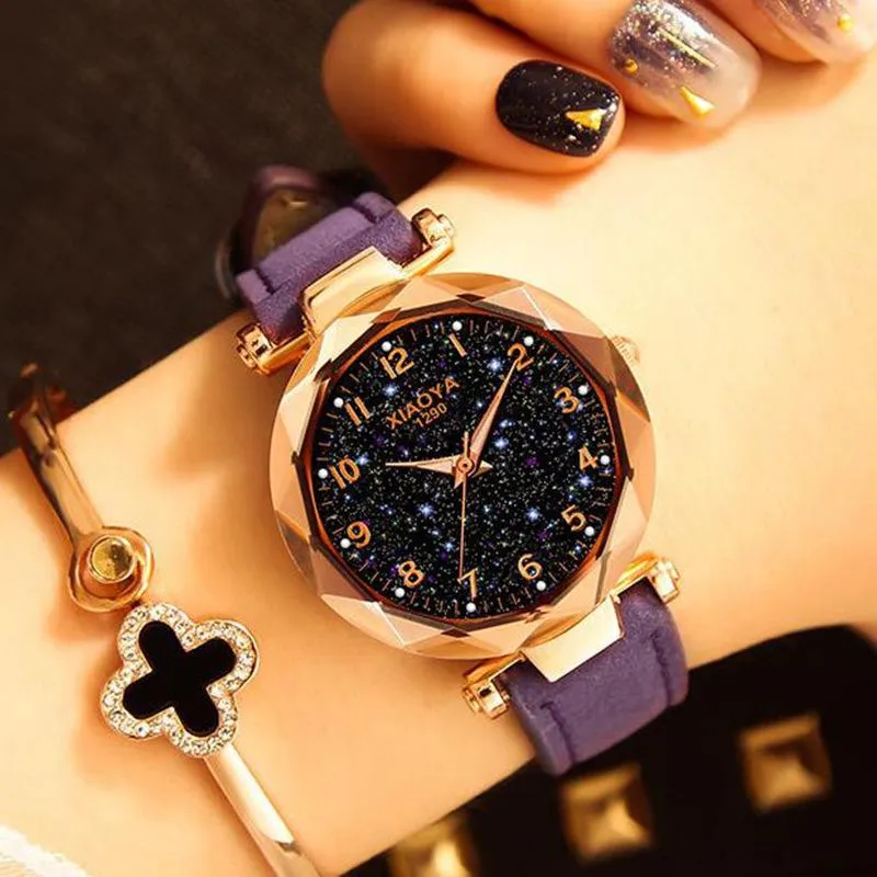Armbanduhren Damenuhr Mode Wild Luminous Starry Sky Zifferblatt Luxus Damen Geometrische römische Ziffer Quarzwerk UhrArmbanduhren