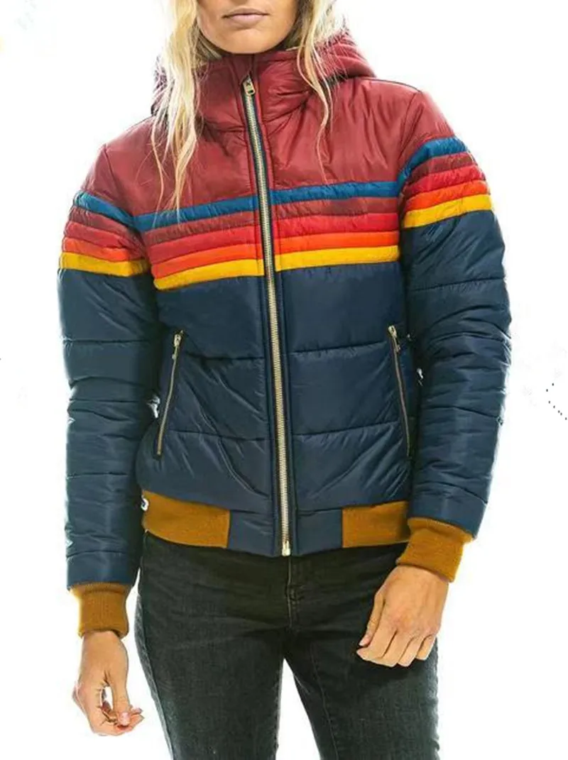 coat women jacket women Women's Jackets Rainbow Striped Down Coat Casual Fashion Zip-up Plus Size Hat