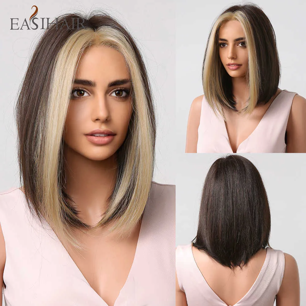 Perruques Synthétiques Easihair Brun Foncé Court Bob Perruques Blonde Highlight Cheveux Naturels Synthétiques pour Femmes Noires Cosplay Perruque Résistant À La Chaleur 230227