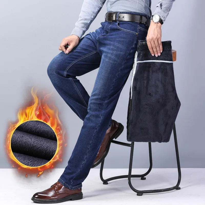 Herr jeans thoshine märke vinter män jeans tjock fleece tungvikt manlig termisk varma byxor denim byxor elastiska rak passform 230302