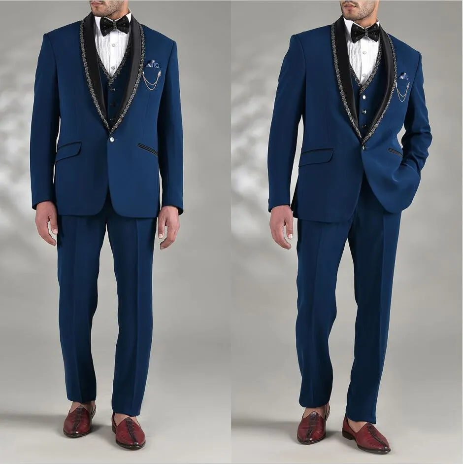 Summer Navy Blue Mens smoking sciame di perle a scialle bavadati da sposa da sposa da ballo da ballo abbigliamento da abbigliamento 3 pezzi