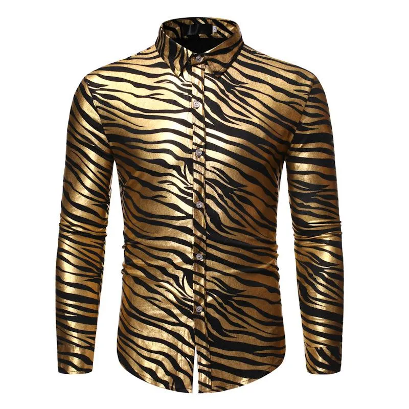 Men's Casual Shirts Shirt Long Sleeve Shiny Gold Striped Foil Print Slim Fit Social Formal Single Breasted For Man Clothing 2023