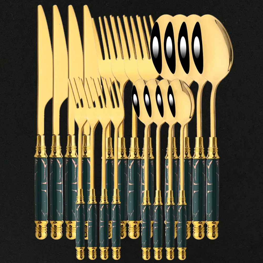 Dinnerware Sets 420PCS Gold Stainless Steel Flatware Cutlery Emerald Marble Ceramic Handle Knife Fork Tea Spoon Dinner 230302