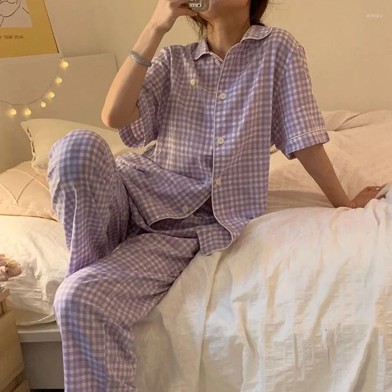 Vêtements de nuit pour femmes QWEEK Korean Homewear Femmes Filles Pyjamas À Carreaux Été 2023 Pyjamas Violet Pijamas Haut À Manches Courtes Et Long Bas 2