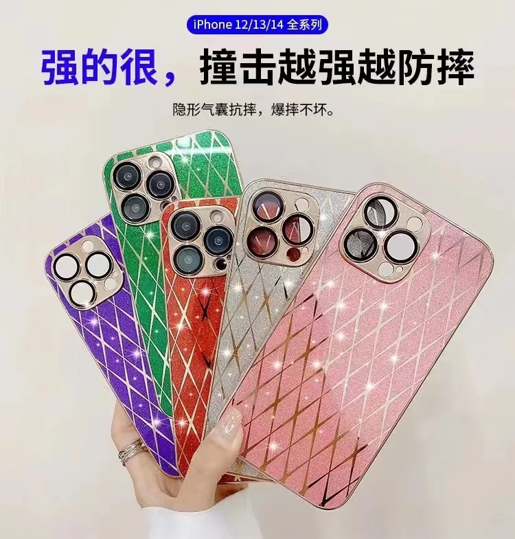 Caixa de celular de Rhombus Glitter Powder para iPhone14Promax 14Pro 14 13Promax com cobertura de lente completa